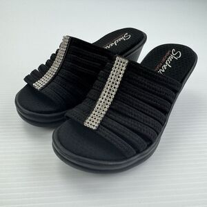 Skechers Women’s 6 Rumblers Hot Shot Black Rhinestone Wedge Sandals Memory Foam